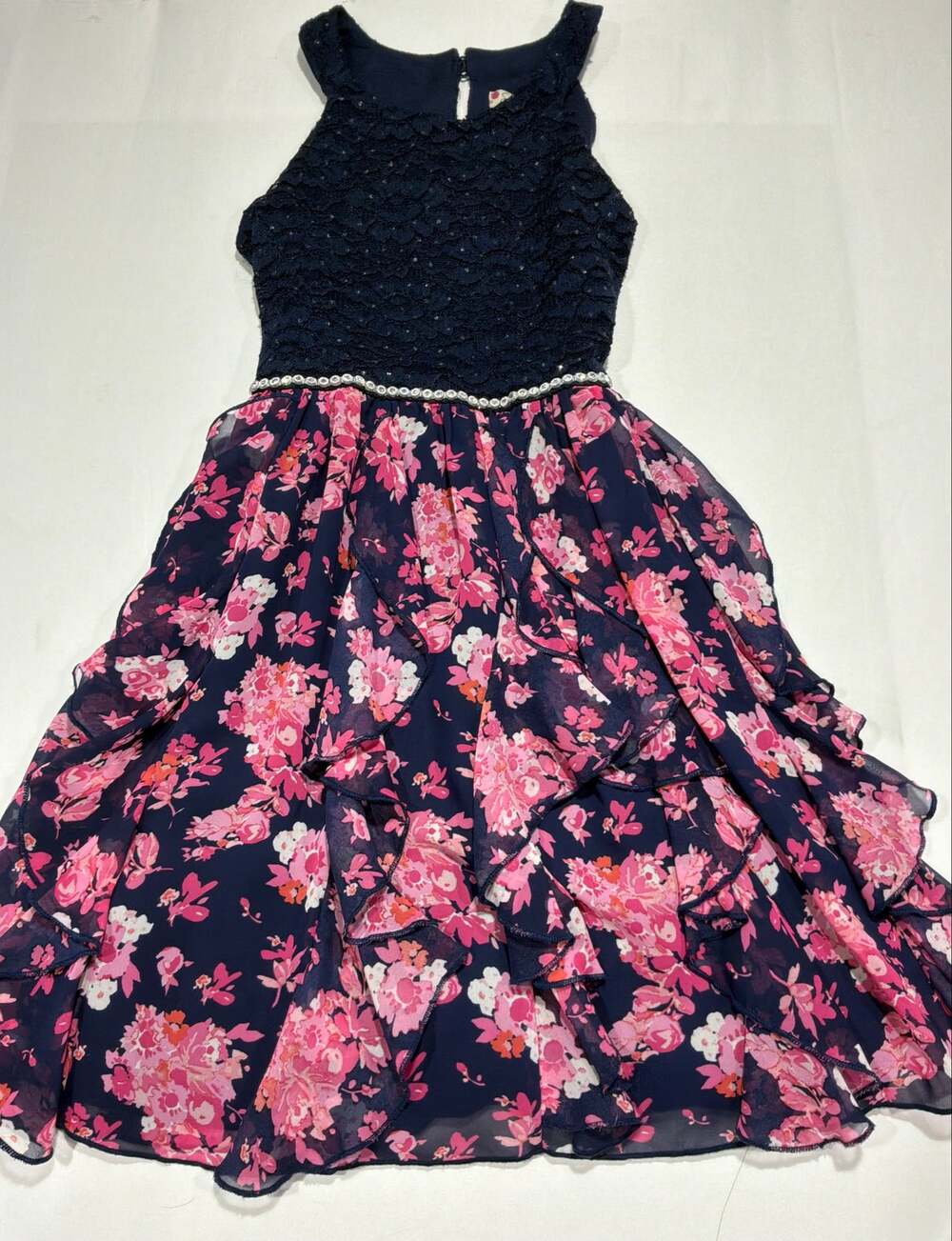 Speechless Girls Size 12 Navy Pink Floral Lace Ruffle Dress